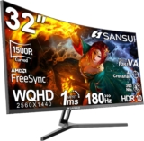 SANSUI 32-Inch Curved Gaming Monitor WQHD 2560 x 1440 180Hz Curved 1500R -Fast VA,1ms(OD), HDR, 300nits, sRGB 125%, DCI-P3 95%, FreeSync, HDMI x2, DP1.4×2(DP Cable Included)